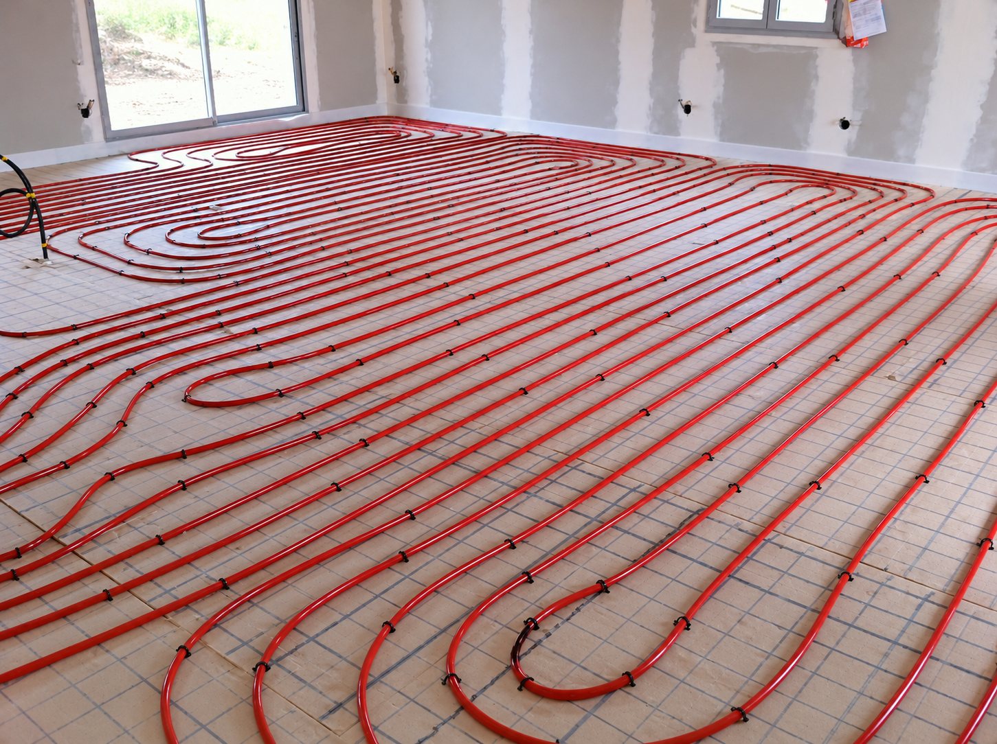Des tuyaux rouges de plancher chauffant sont posés en boucles sur un treillis dans une pièce en travaux aux murs en plaque de plâtre.