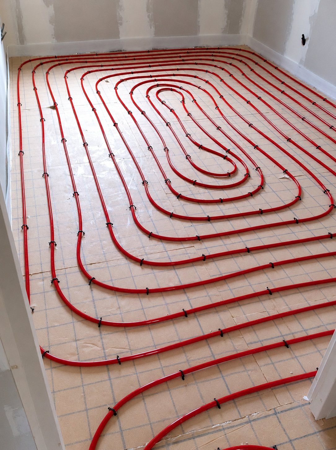 Des tuyaux rouges de chauffage au sol sont disposés en boucles concentriques sur un support dans une pièce en travaux.